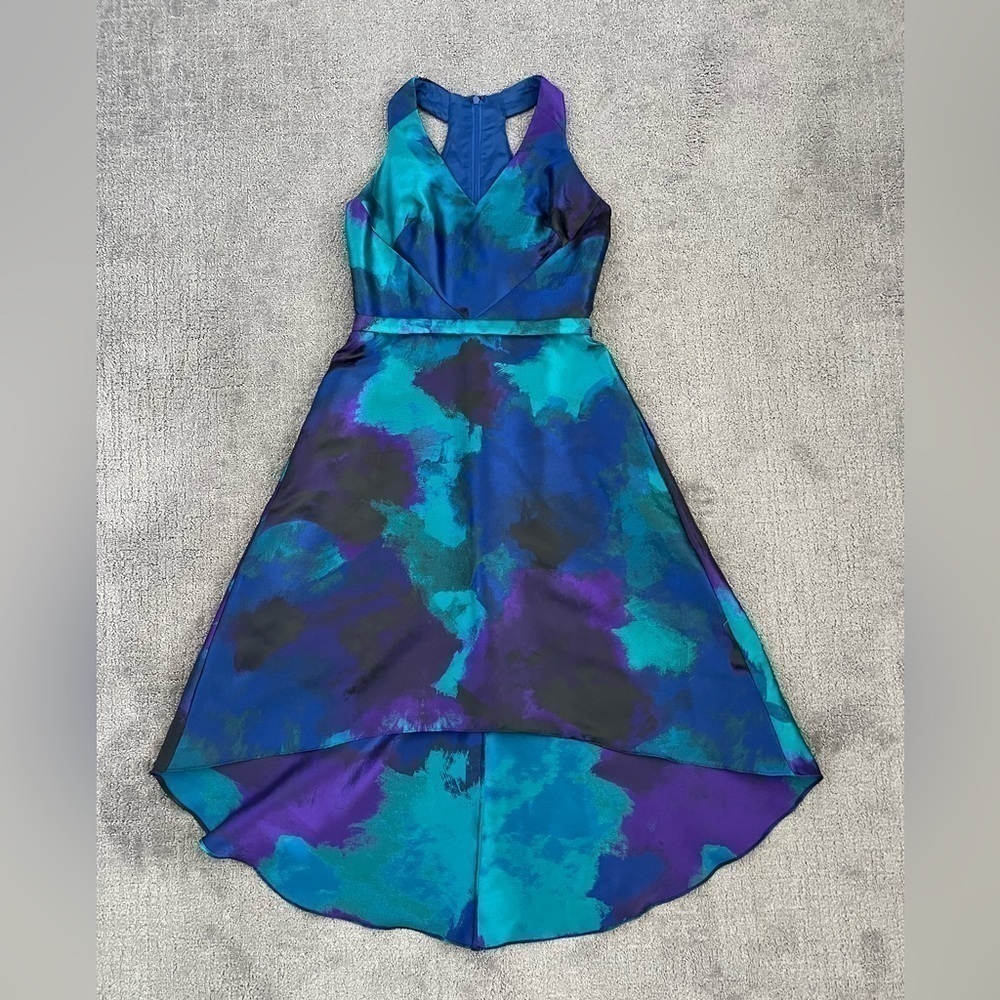 Theia Purple Abstract High Low Satin Gown